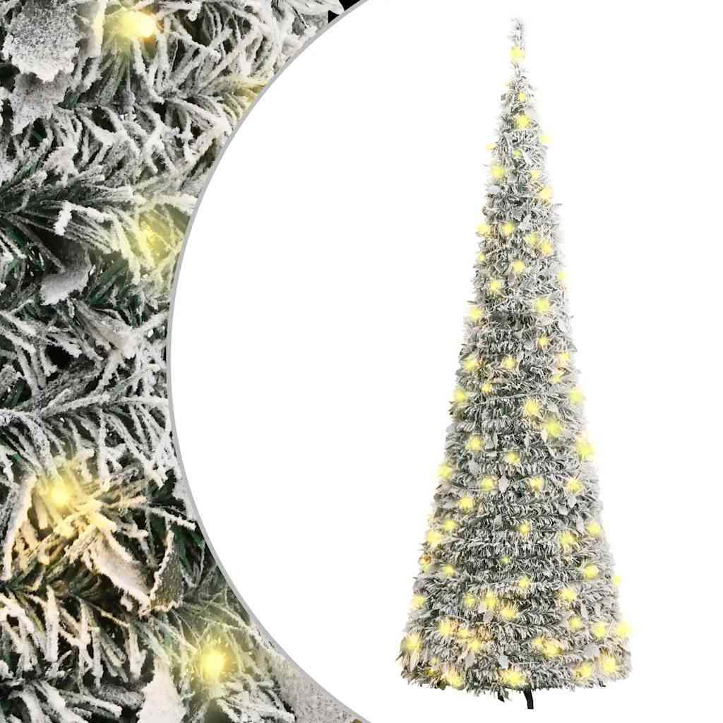 kunstigt juletræ med sne 200 LED'er 210 cm pop op-funktion