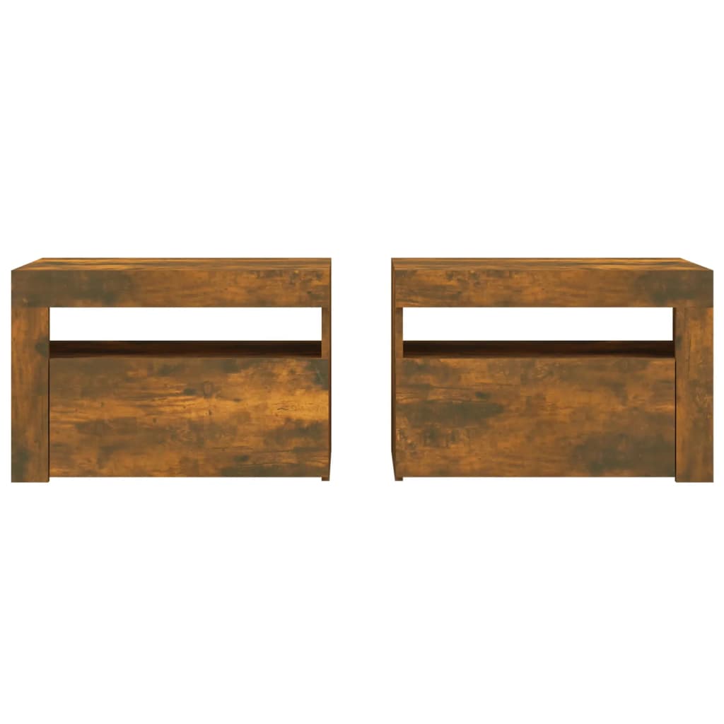 sengeborde med LED-lys 2 stk. 60x35x40 cm røget eg
