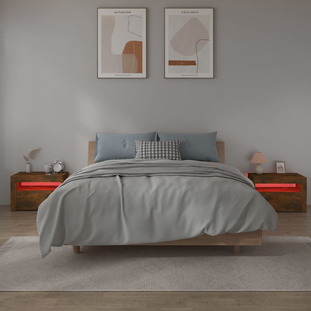 sengeborde med LED-lys 2 stk. 60x35x40 cm røget eg