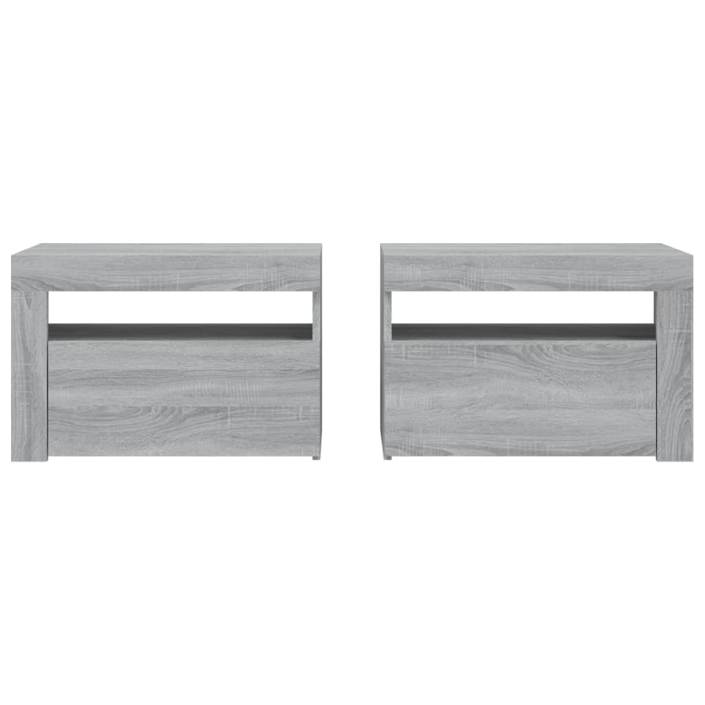 sengeborde med LED-lys 2 stk. 60x35x40 cm grå sonoma-eg