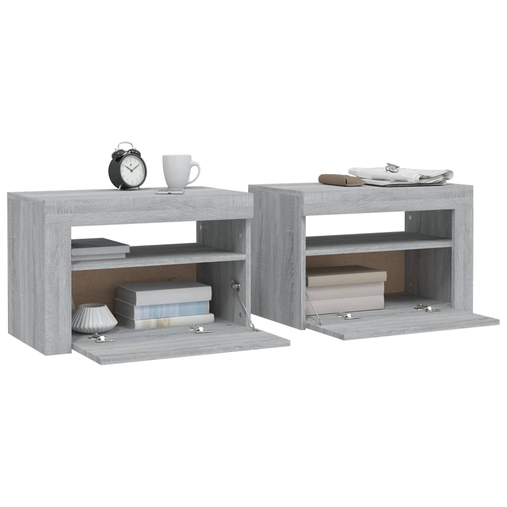 sengeborde med LED-lys 2 stk. 60x35x40 cm grå sonoma-eg