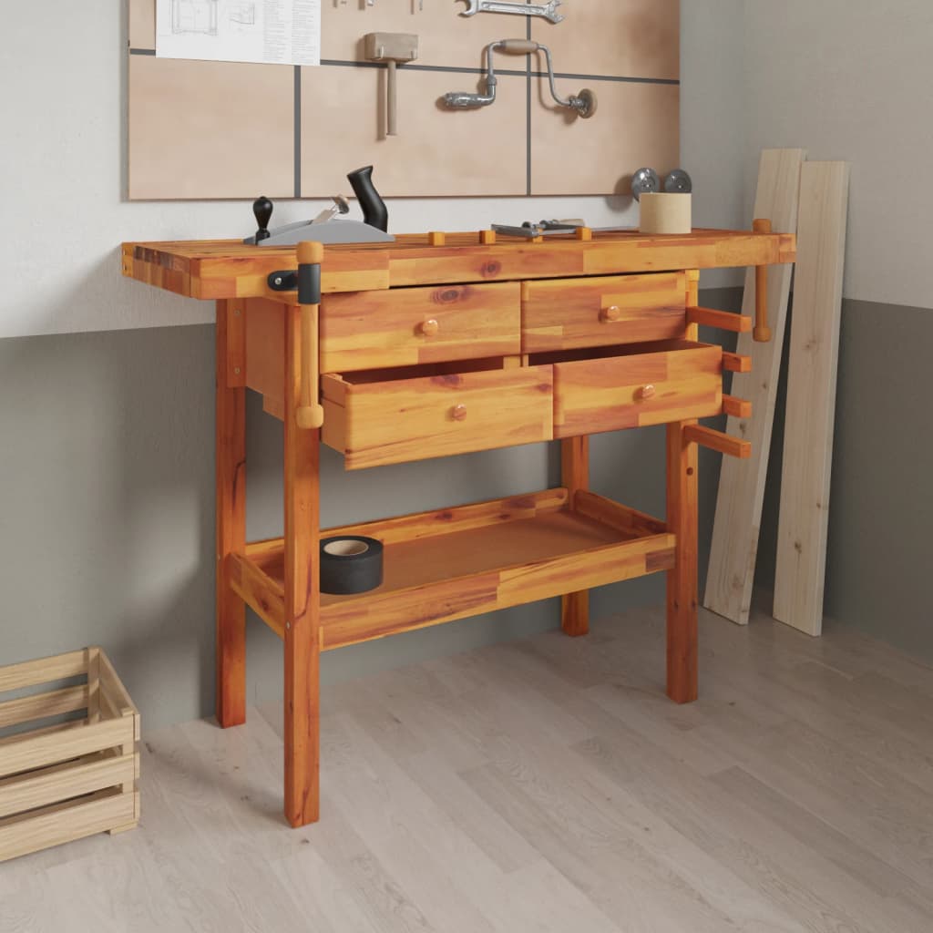 Arbejdsbord med skuffer og skruestik 124×52×83 cm - massivt akacietræ
