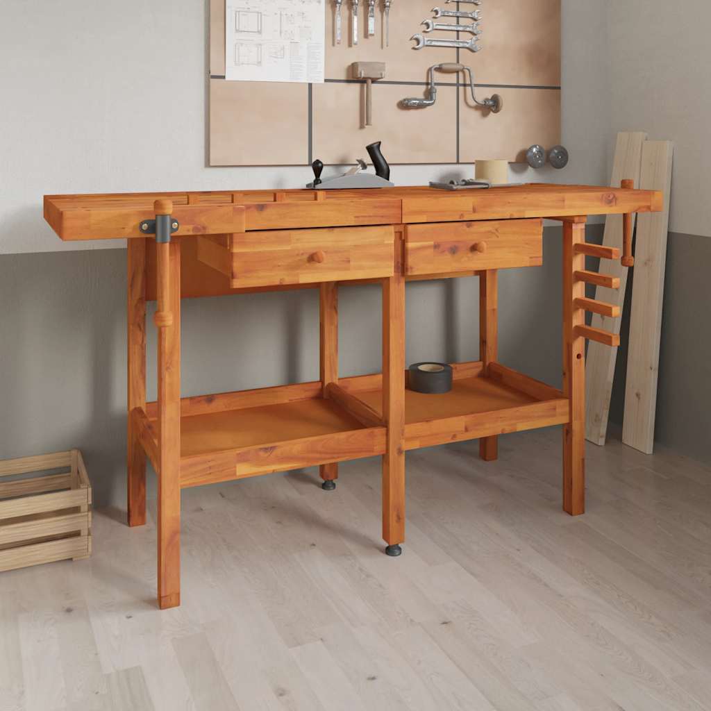 Arbejdsbord med skuffer og skruestik 162×62×83 cm - massivt akacietræ