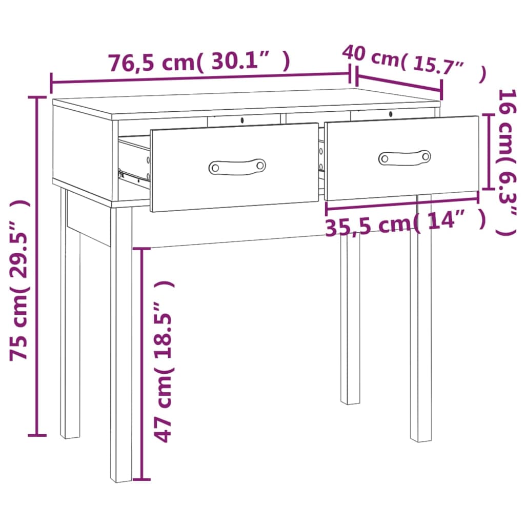 konsolbord 76,5x40x75 cm massivt fyrretræ gyldenbrun
