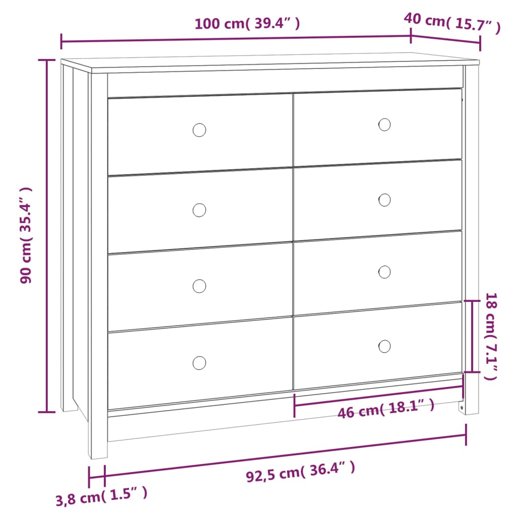 kommode 100x40x90 cm massivt fyrretræ hvid