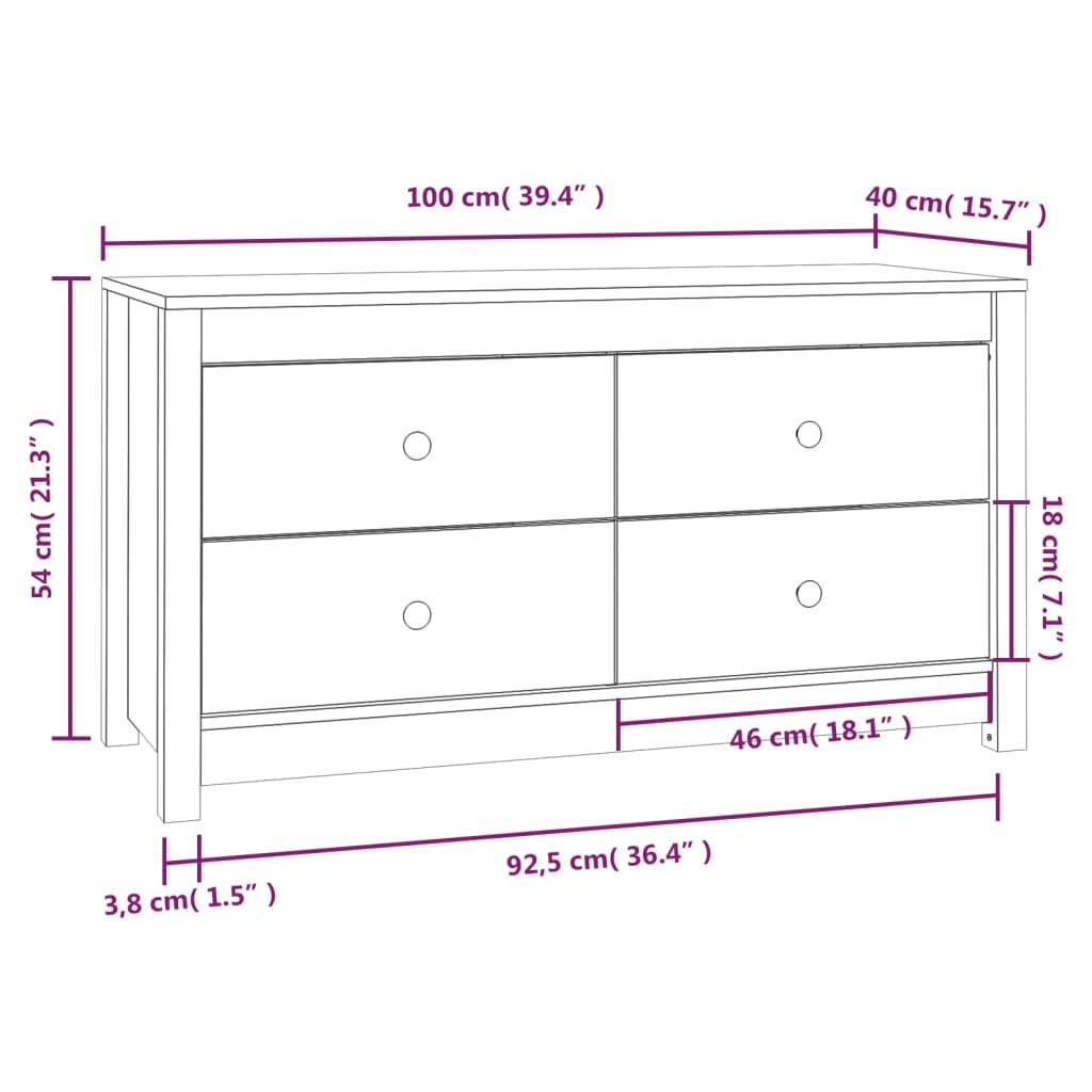 kommode 100x40x54 cm massivt fyrretræ hvid