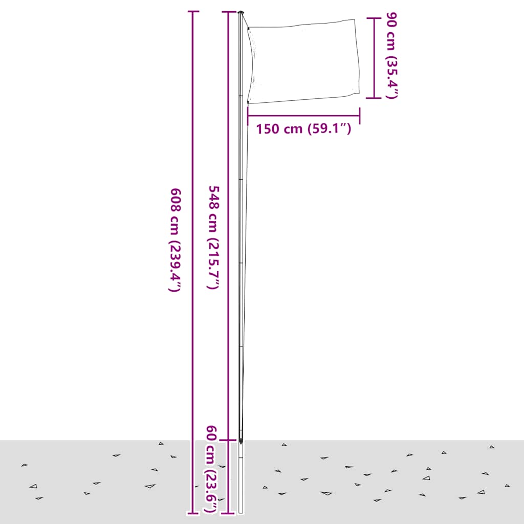 Tyrkiet flag og flagstang 6,08 m aluminium