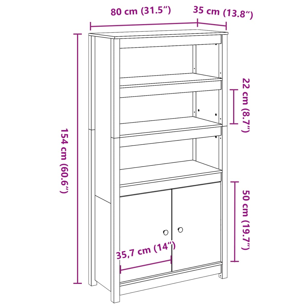 skab 80x35x154 cm massivt fyrretræ hvid