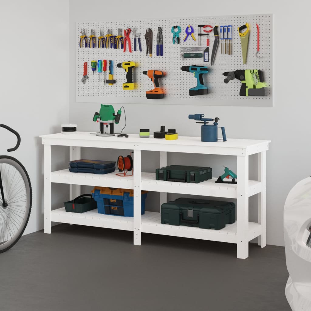 Arbejdsbord i massivt fyrretræ med hylder - 181 × 50 × 80 cm, hvid