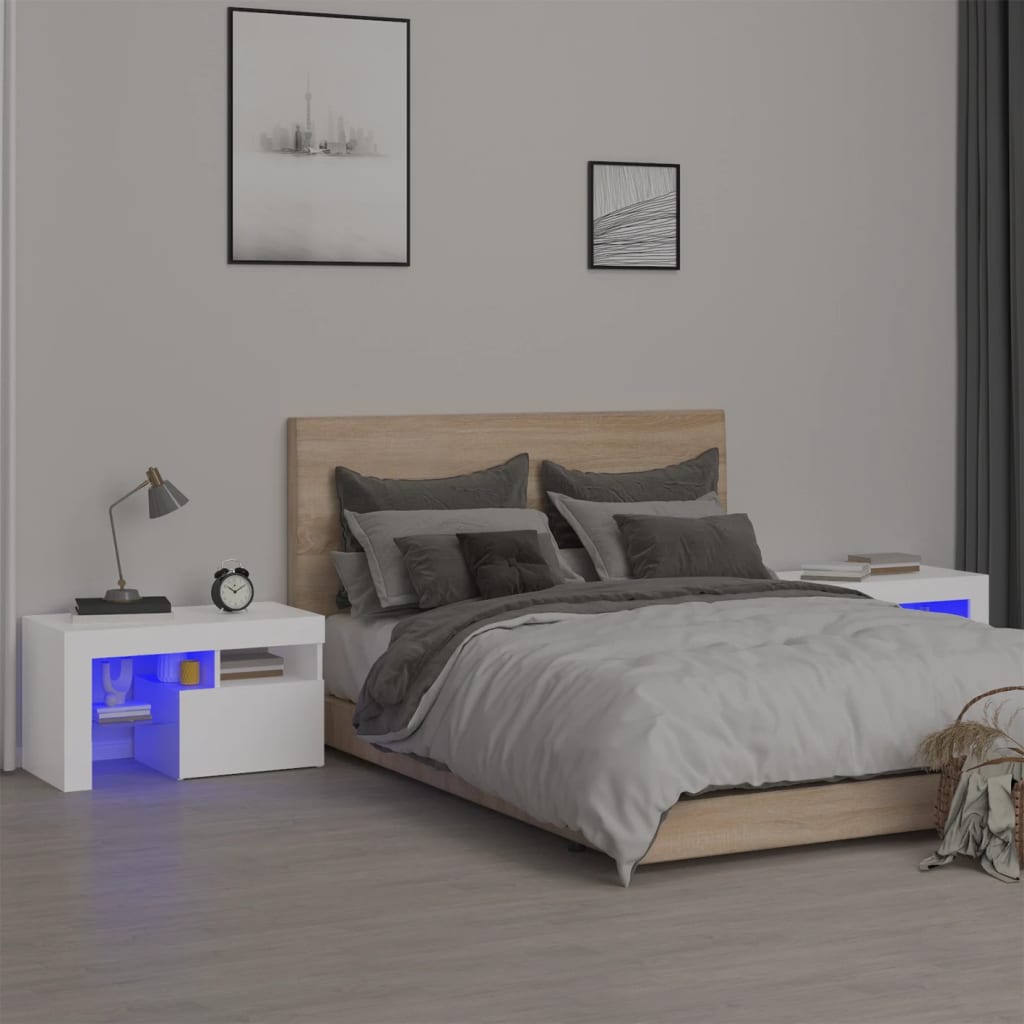 sengeborde 2 stk. med LED-lys 70x36,5x40 cm hvid