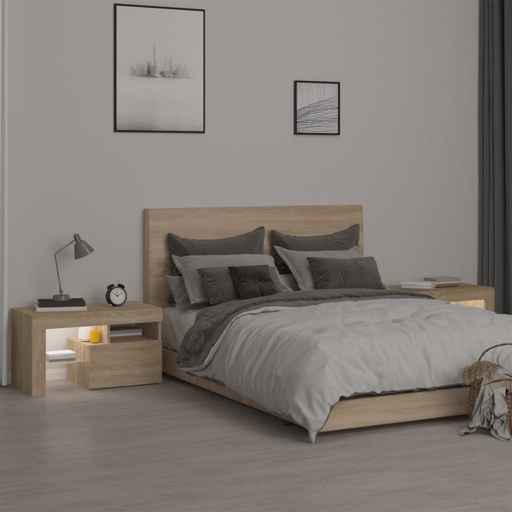sengeborde 2 stk. med LED-lys 70x36,5x40 cm sonoma-eg