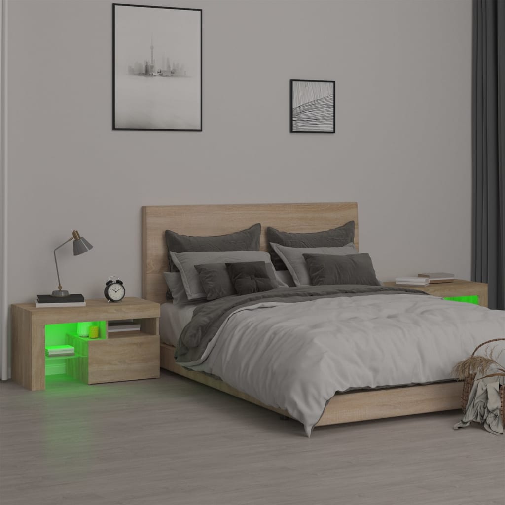 sengeborde 2 stk. med LED-lys 70x36,5x40 cm sonoma-eg