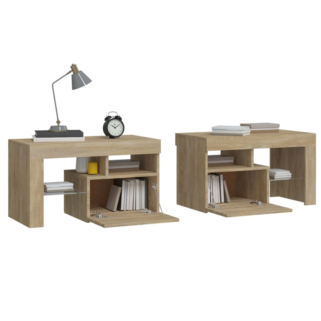 sengeborde 2 stk. med LED-lys 70x36,5x40 cm sonoma-eg