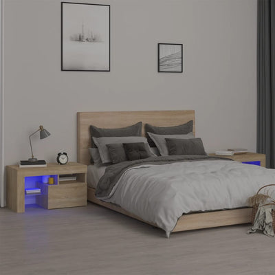 sengeborde 2 stk. med LED-lys 70x36,5x40 cm sonoma-eg