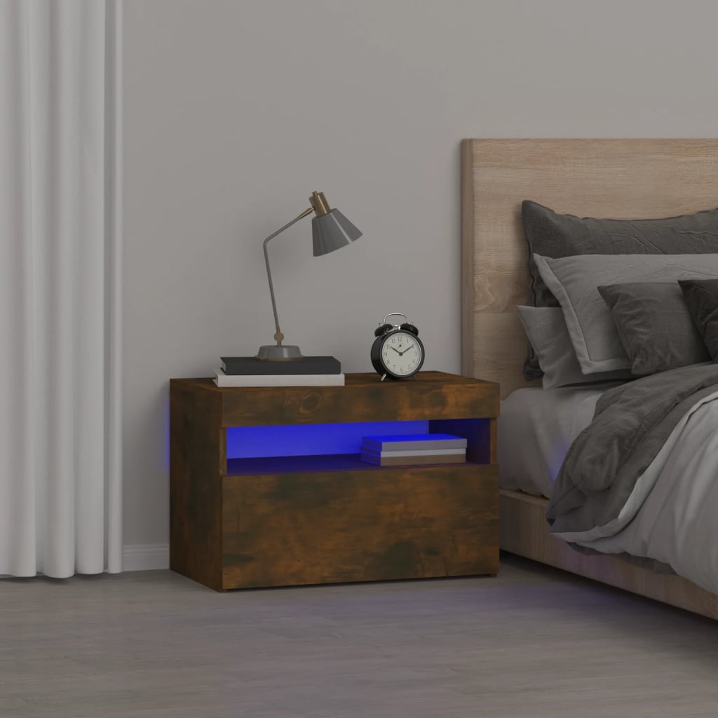 sengebord med LED-lys 60x35x40 cm røget egetræsfarve