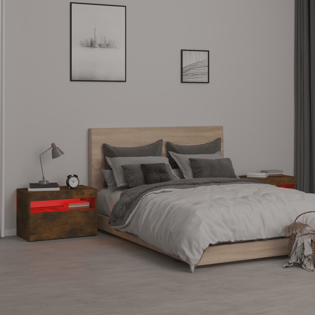 sengeborde 2 stk. med LED-lys 60x35x40 cm røget egetræsfarve