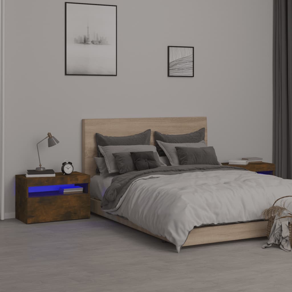 sengeborde 2 stk. med LED-lys 60x35x40 cm røget egetræsfarve