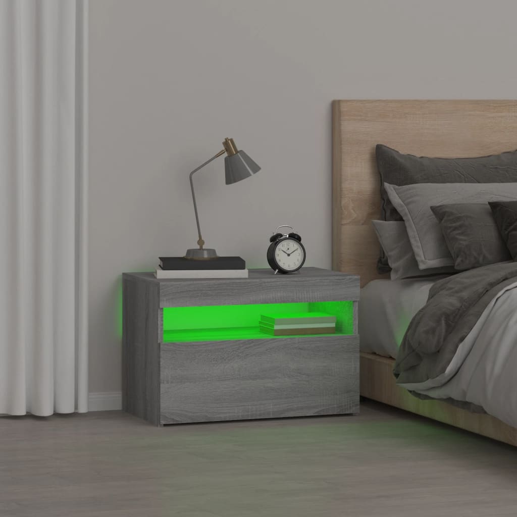 sengebord med LED-lys 60x35x40 cm grå sonoma-eg