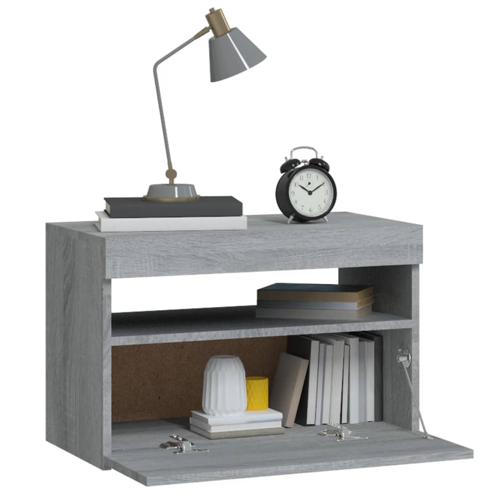 sengebord med LED-lys 60x35x40 cm grå sonoma-eg