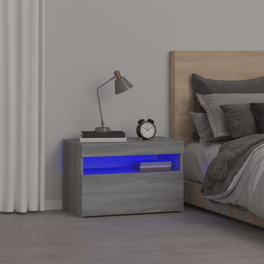 sengebord med LED-lys 60x35x40 cm grå sonoma-eg billede