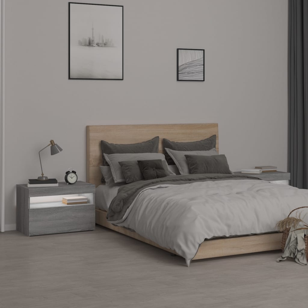 sengeborde 2 stk. med LED-lys 60x35x40 cm grå sonoma-eg