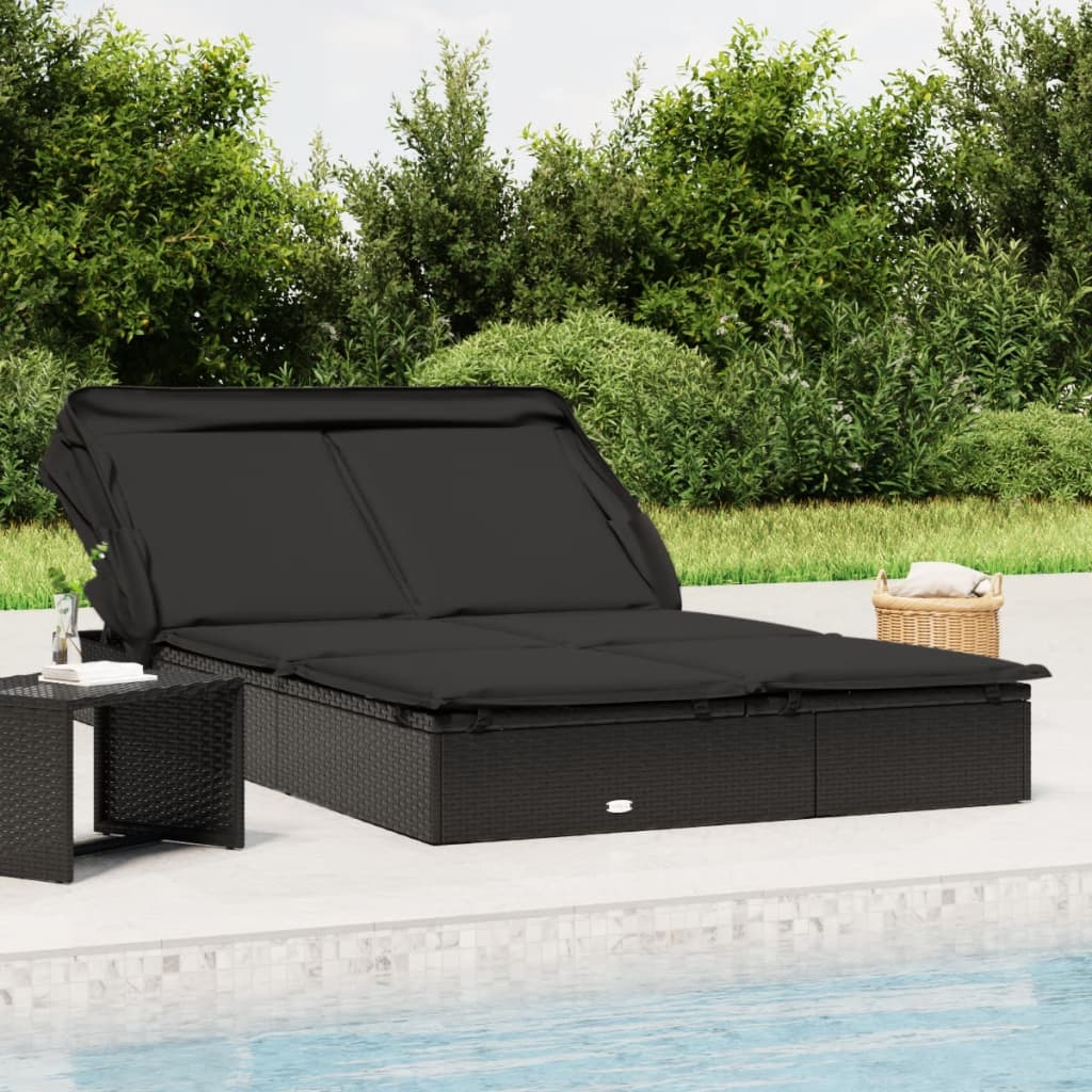 2-personers solseng med foldbart tag 213×118×97 cm - polyrattan, sort