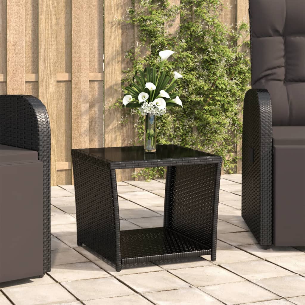 Havebord i polyrattan med hærdet glas - sort, 45 × 45 × 40 cm