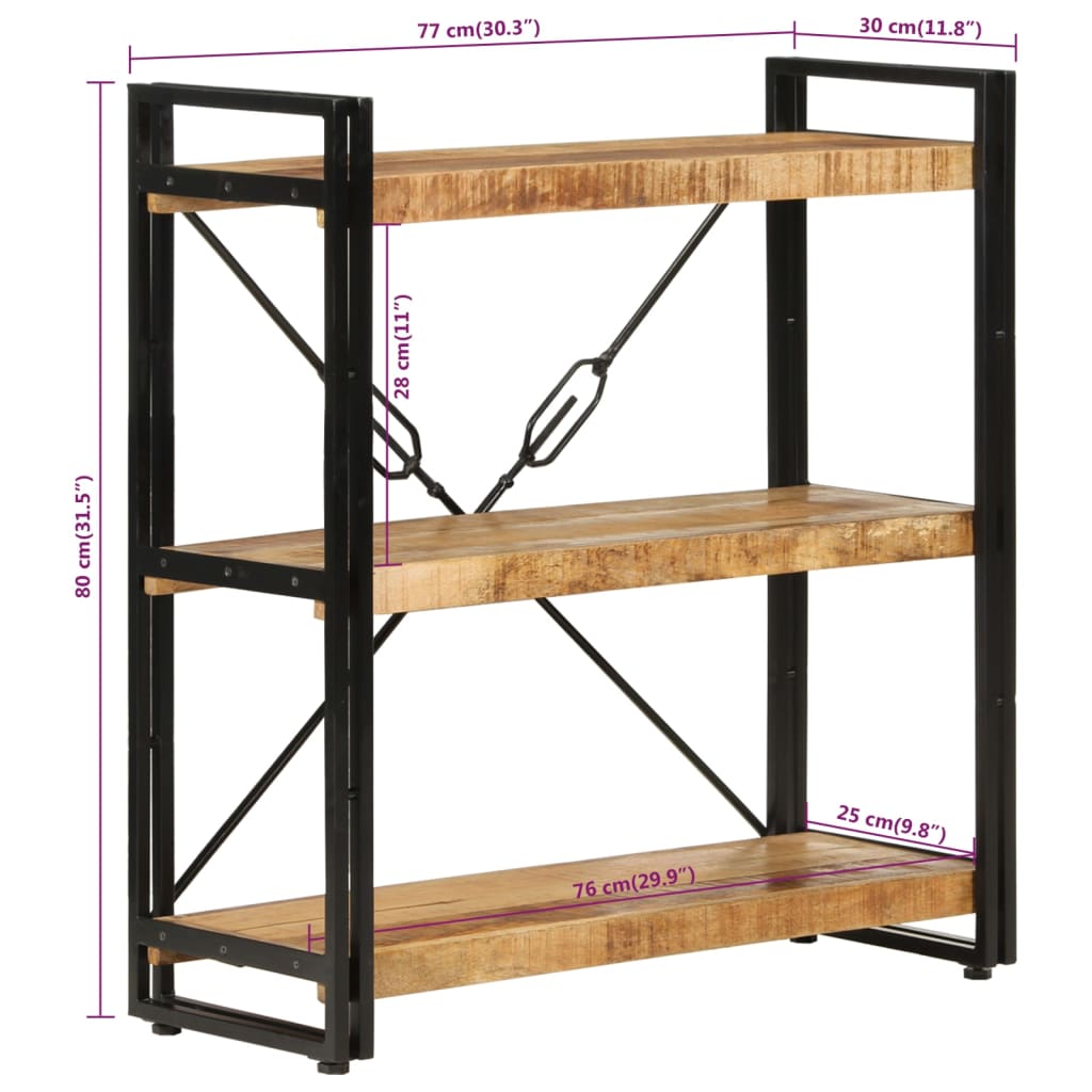 bogreol med 3 hylder 77x30x80 cm massivt mangotræ og jern