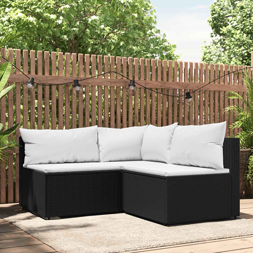 loungesæt til haven 3 dele med hynder polyrattan sort