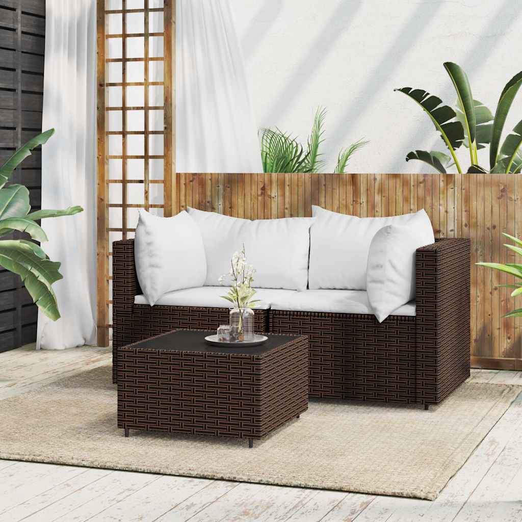 loungesæt til haven 3 dele med hynder polyrattan brun billede