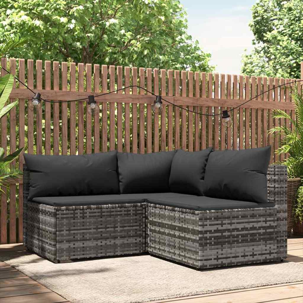 loungesæt til haven 3 dele med hynder polyrattan grå billede