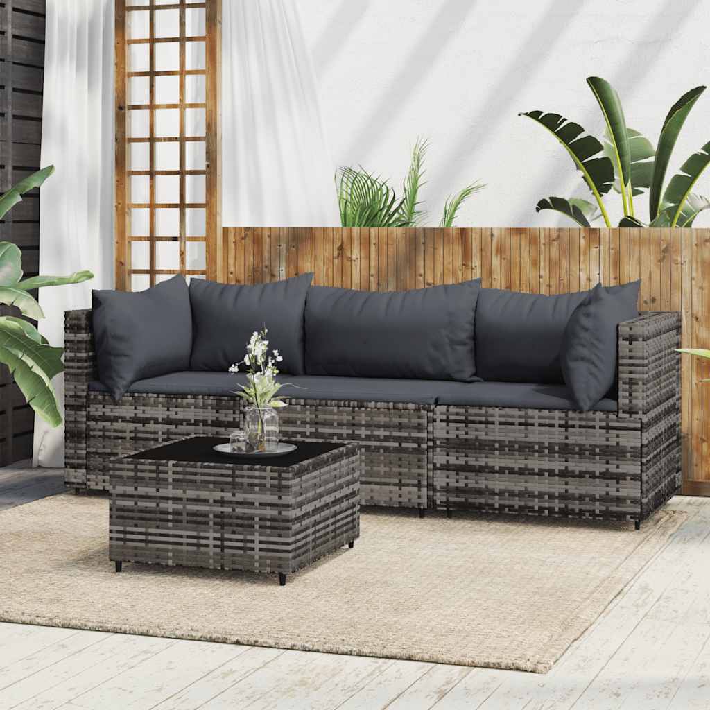 loungesæt til haven 4 dele med hynder polyrattan grå billede