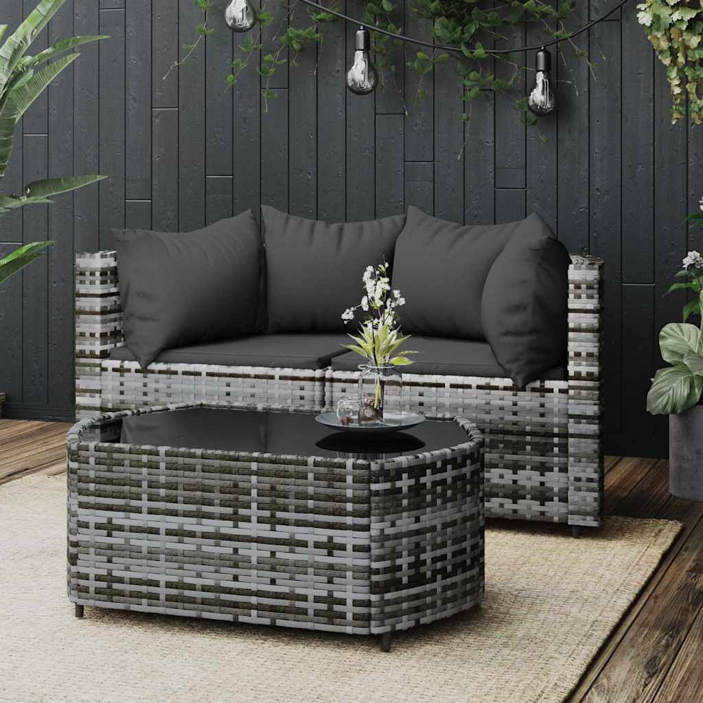 loungesæt til haven 3 dele med hynder polyrattan grå