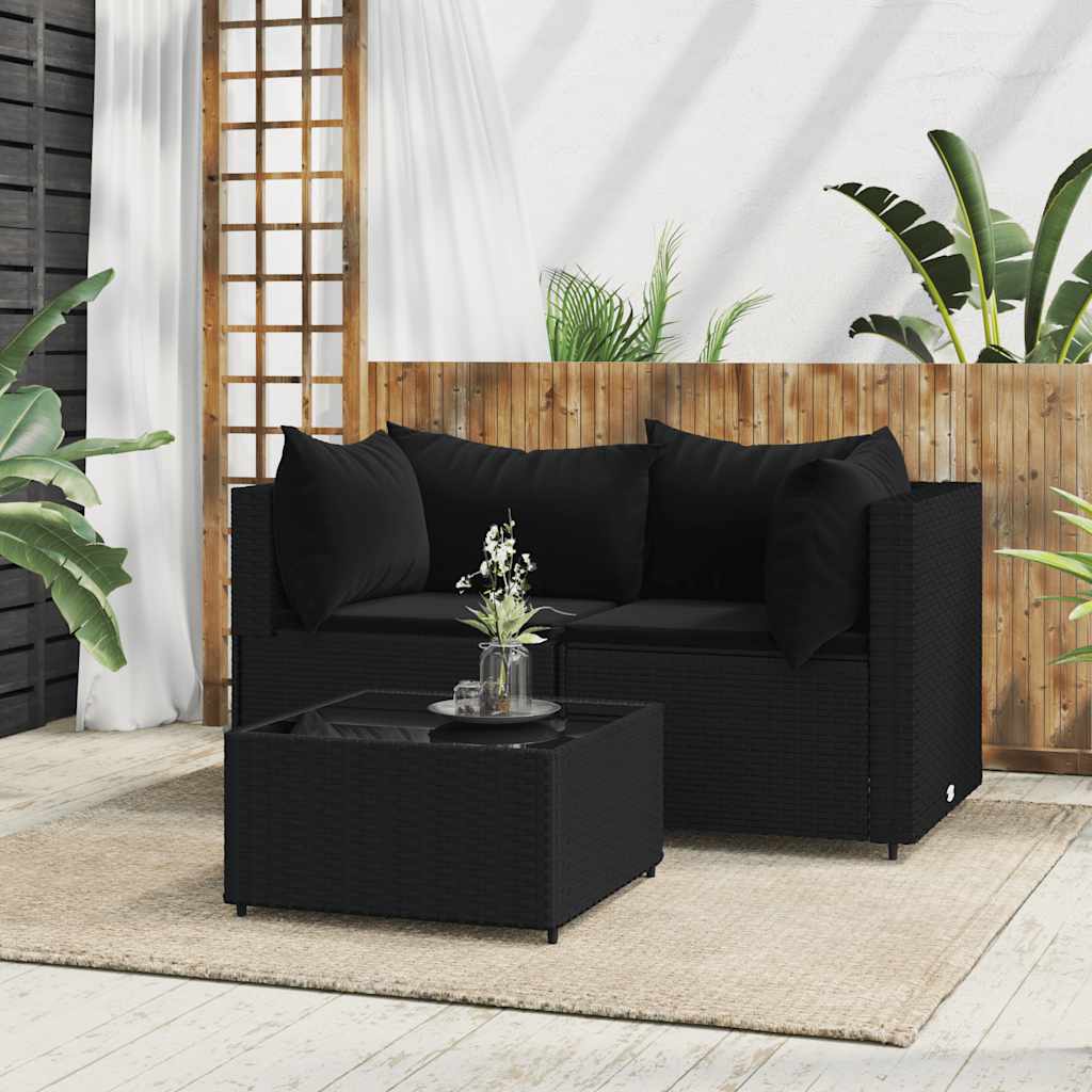 loungesæt til haven 3 dele med hynder polyrattan sort billede