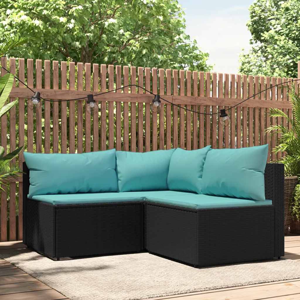 loungesæt til haven 3 dele med hynder polyrattan sort billede