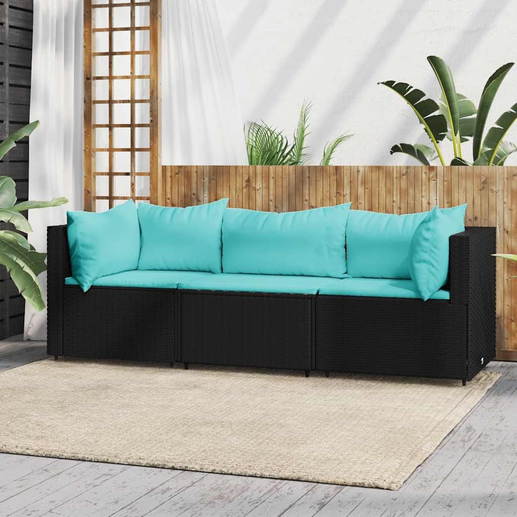 loungesæt til haven 3 dele med hynder polyrattan sort billede