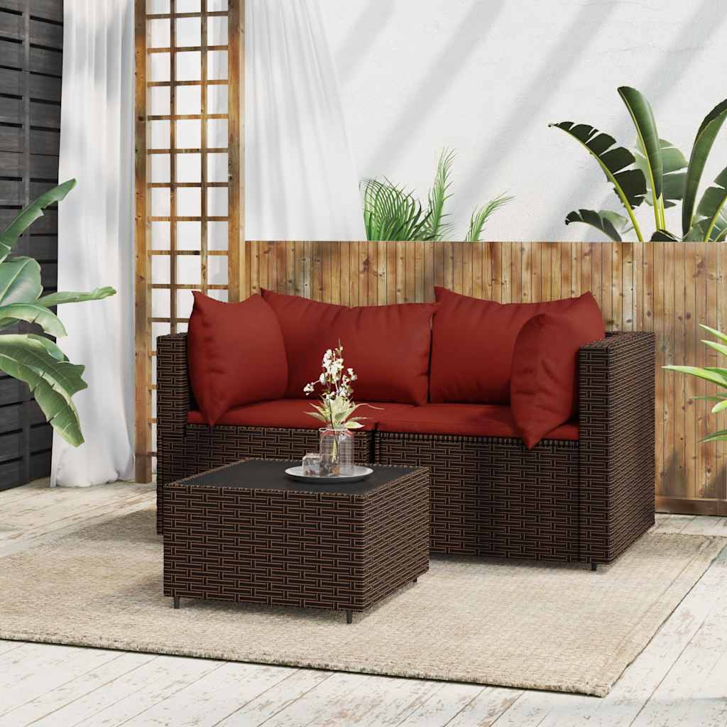 loungesæt til haven 3 dele med hynder polyrattan brun billede