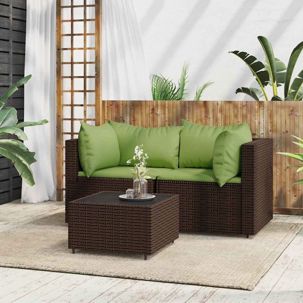 loungesæt til haven 3 dele med hynder polyrattan brun billede