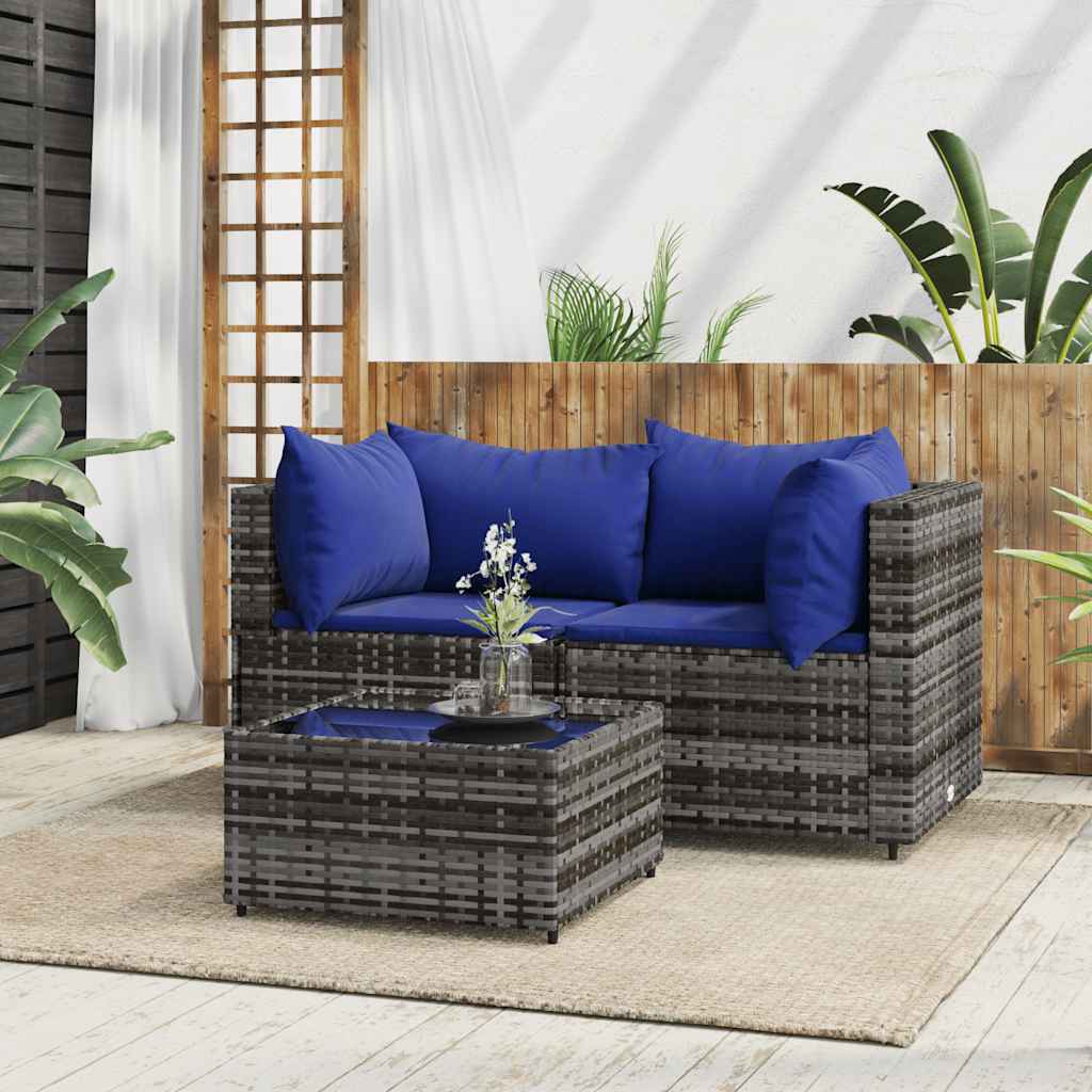 loungesæt til haven 3 dele med hynder polyrattan grå billede