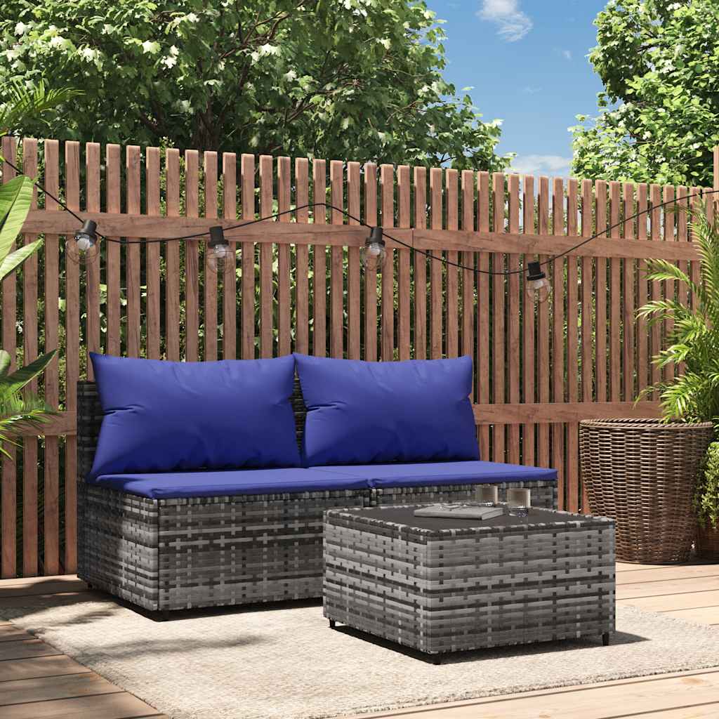loungesæt til haven 3 dele med hynder polyrattan grå billede