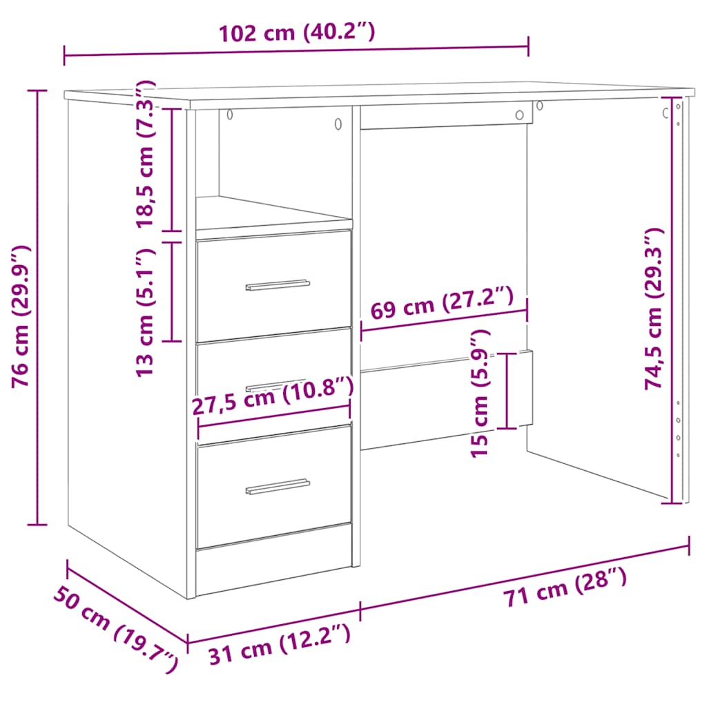 skrivebord m. skuffer 102x50x76 cm konstrueret træ betongrå