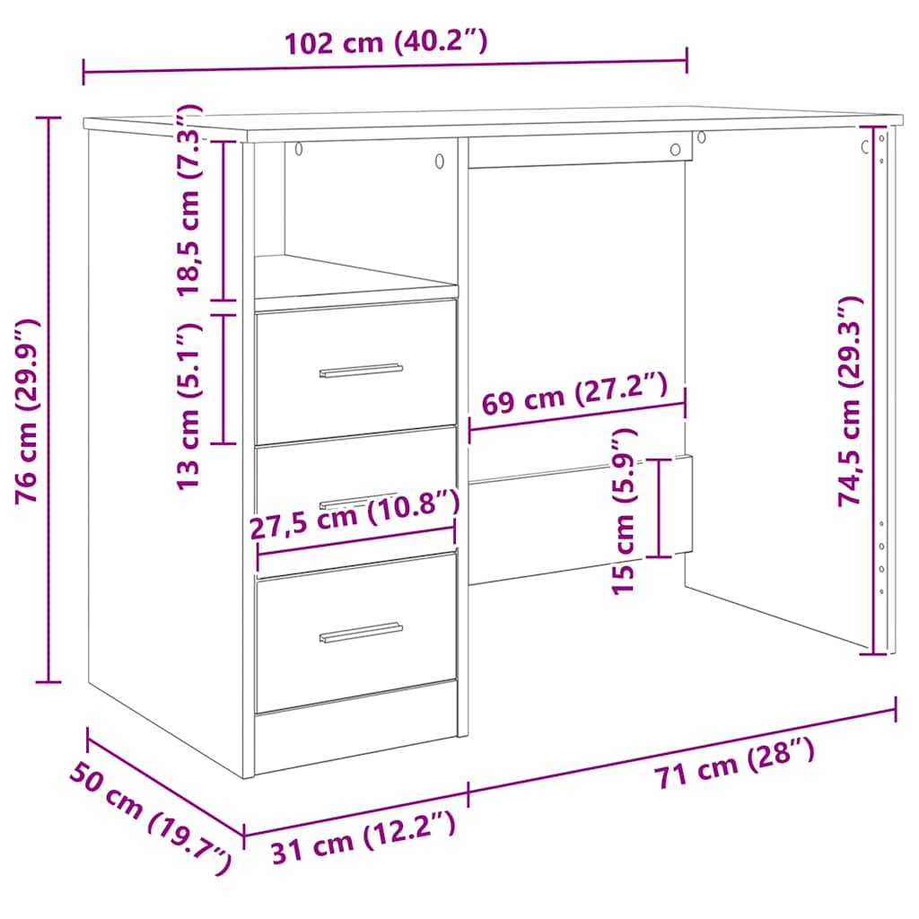 skrivebord m. skuffer 102x50x76 cm konstrueret træ røget egetræ