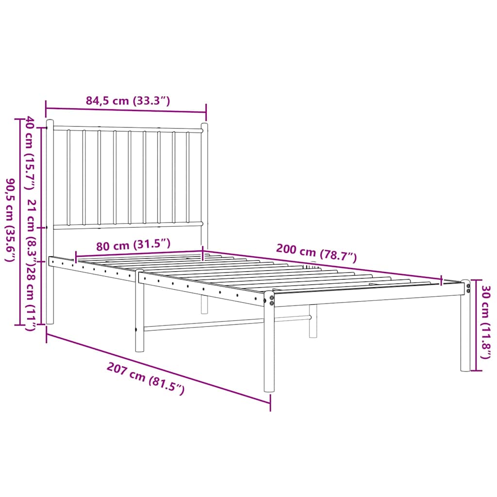 sengeramme med sengegavl 80x200 cm metal sort