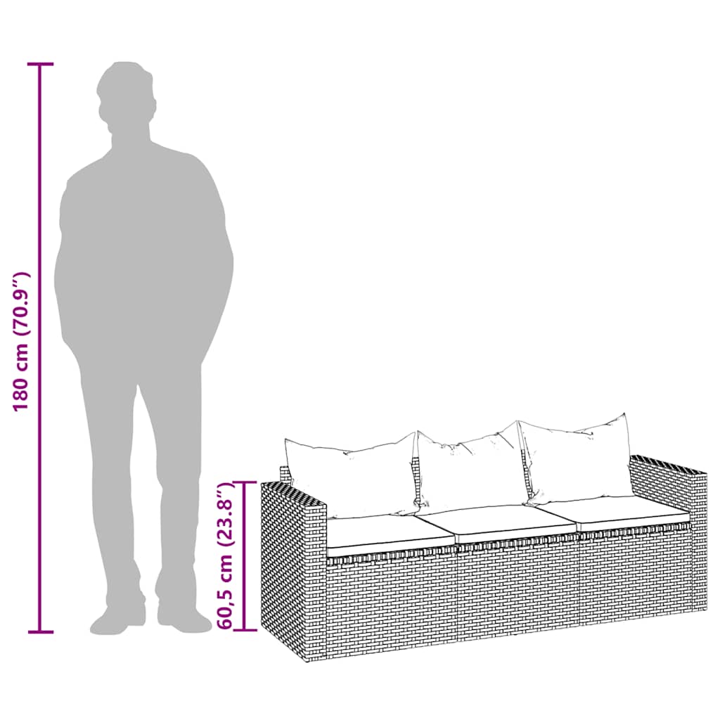 3-personers havesofa med hynder polyrattan grå