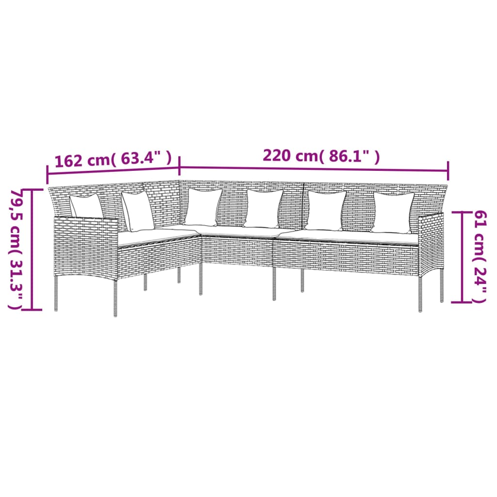 L-formet havesofa med hynder polyrattan sort