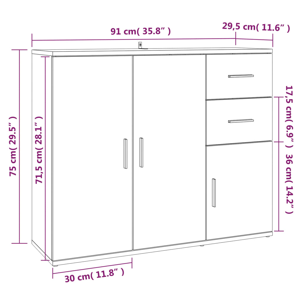 skænk Sonoma eg 91x29,5x75 cm konstrueret træ