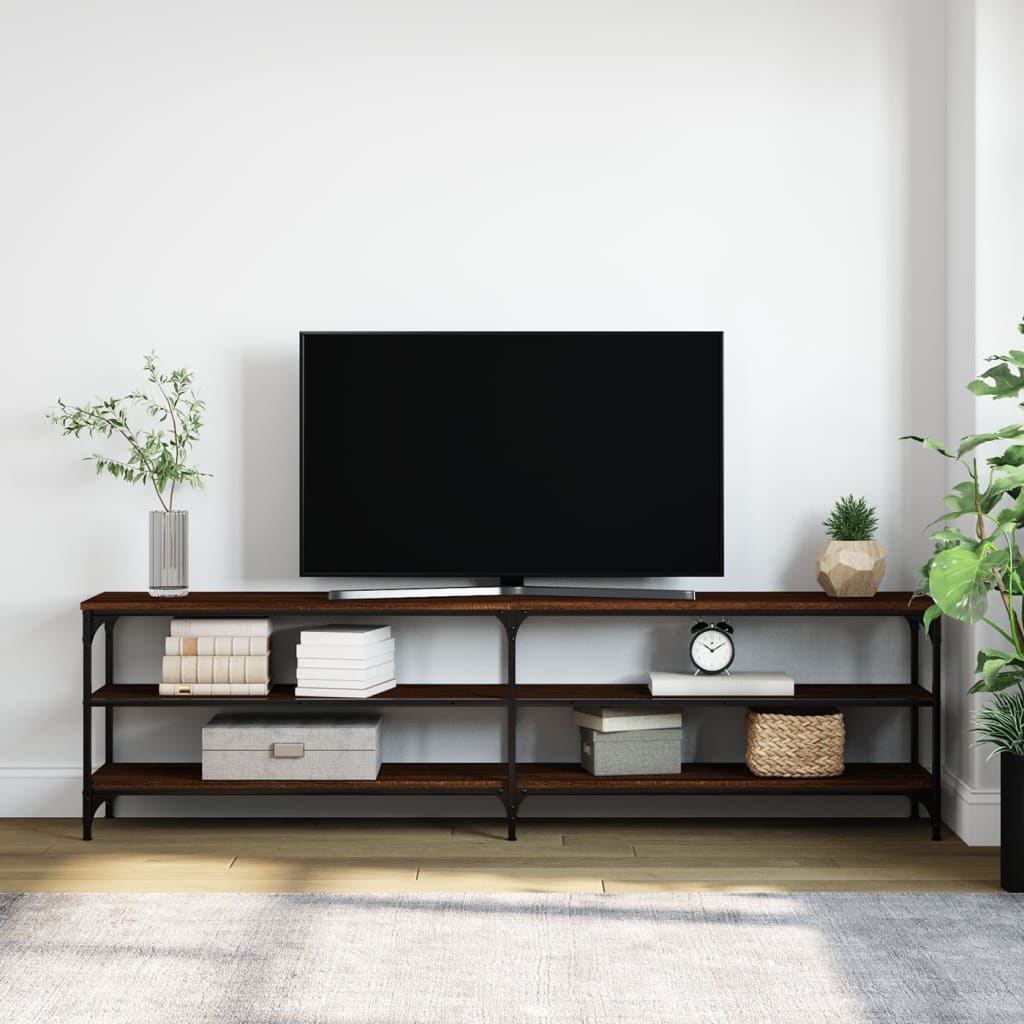 tv-bord 180x30x50 cm konstrueret træ og metal brun egetræsfarve
