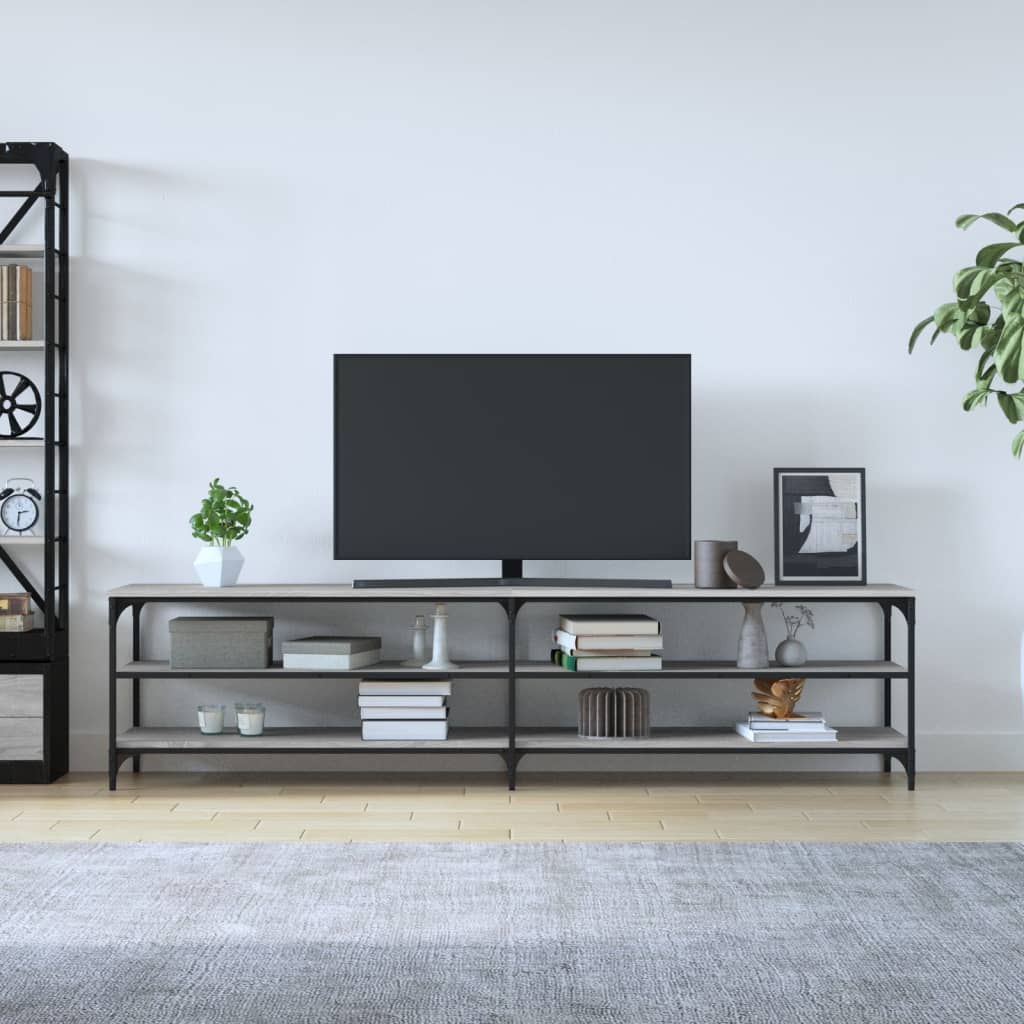 tv-bord 200x30x50 cm konstrueret træ og metal grå sonoma-eg
