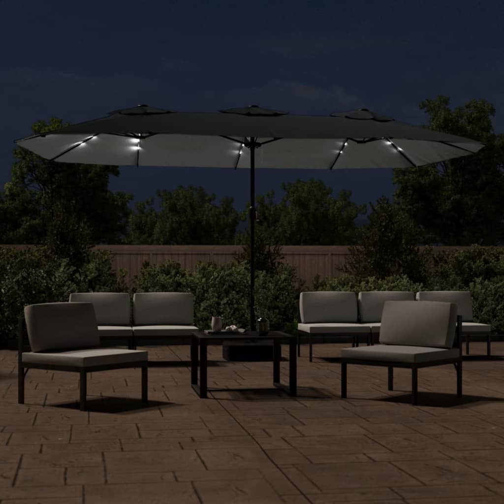 parasol m. dobbelt parasoldug og LED-lys 449x265 cm antracitgrå