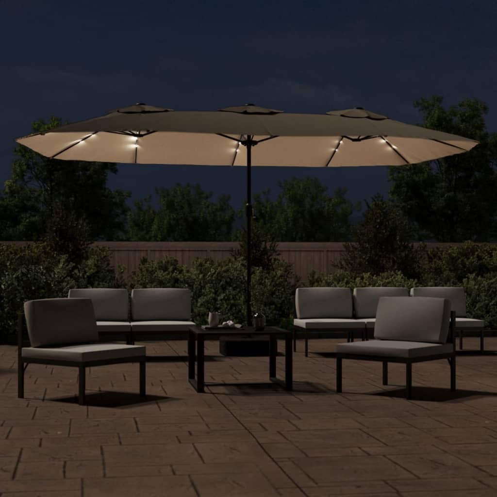 parasol med dobbelt parasoldug og LED-lys 449x265 cm gråbrun